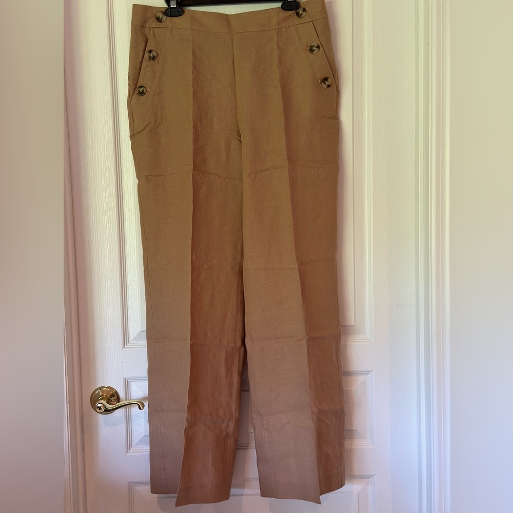 Talbots Wide Leg Tan Linen Sailor Pants, 14 - Picture 2 of 9